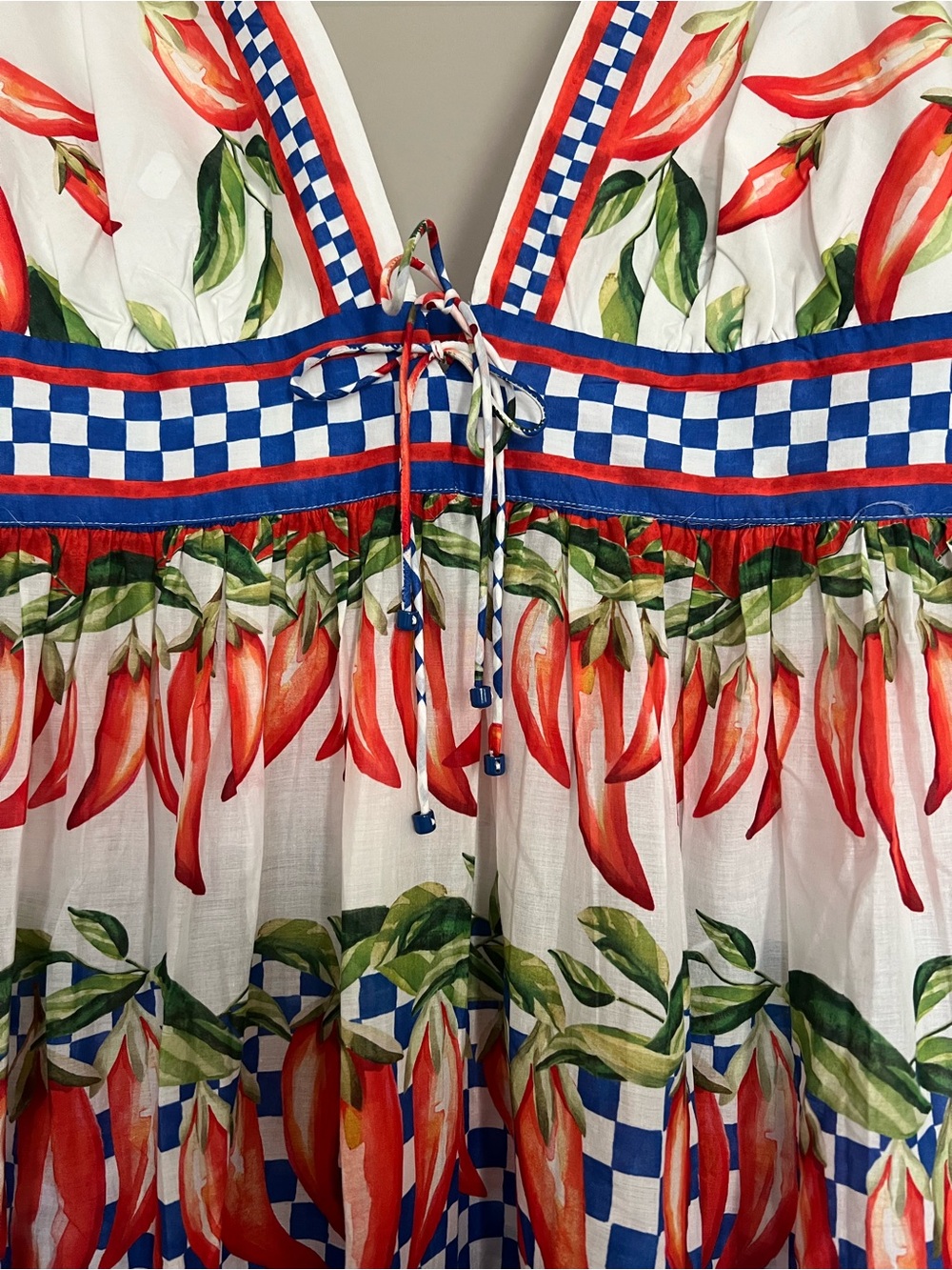 FARM Rio White Maxi Dress with Red Chili Print and Blue Check Accents - Picture 3 of 5